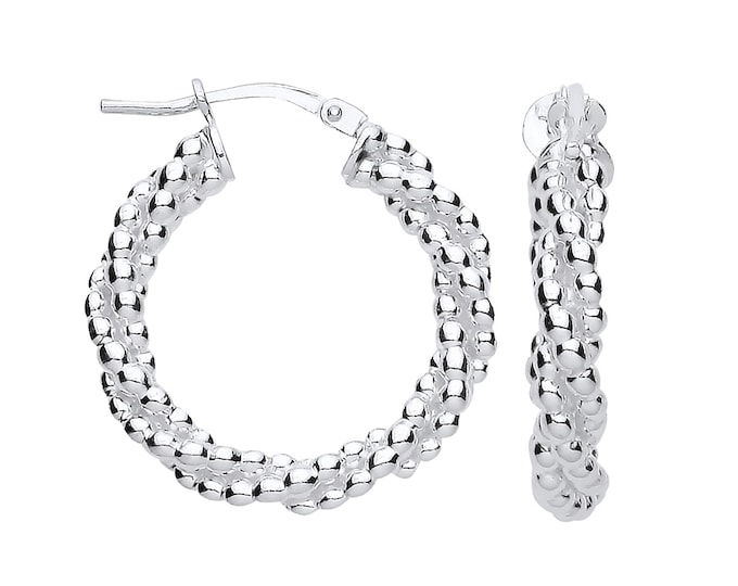 925 Sterling Silver 22mm Diameter Twisted Beaded Hoop Earrings