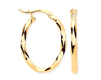 9ct Yellow Gold Diamond Cut Oval Faceted Hoop Earrings 20mm x 15mm - Real 9K Gold