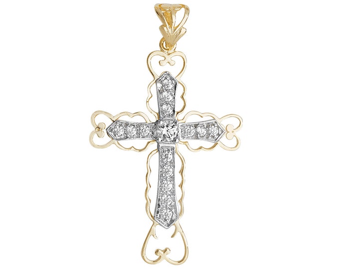9ct Yellow Gold 3.5cm Pave Cz Ornate Cut Out Scroll Cross Pendant Hallmarked - Real 9K Gold