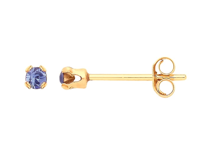 Pair of 9ct Yellow Gold 2mm Claw Set Blue Crystal Stud Earrings - Real 9K Gold