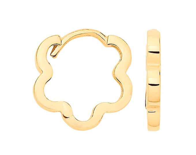 9ct Yellow Gold 12mm Plain Flower Shaped Hinged Huggies Hoop Earrings - Solid 9K Gold