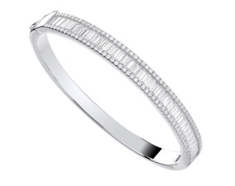 Ladies 925 Sterling Silver 7mm Wide Channel Set Hinged Bangle With Baguette & Round Cut Cz Stones