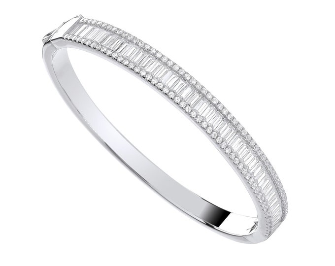 Ladies 925 Sterling Silver 7mm Wide Channel Set Hinged Bangle With Baguette & Round Cut Cz Stones