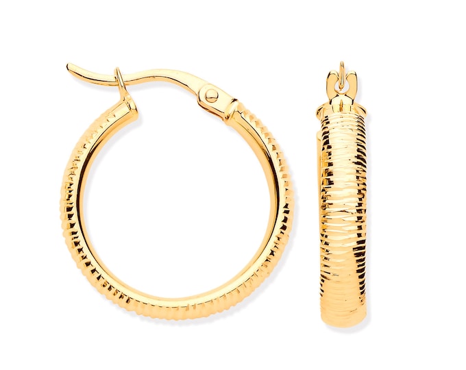 9ct Yellow Gold D- Shaped 15mm Diameter Ribbed Hoop Earrings - Real 9K Gold