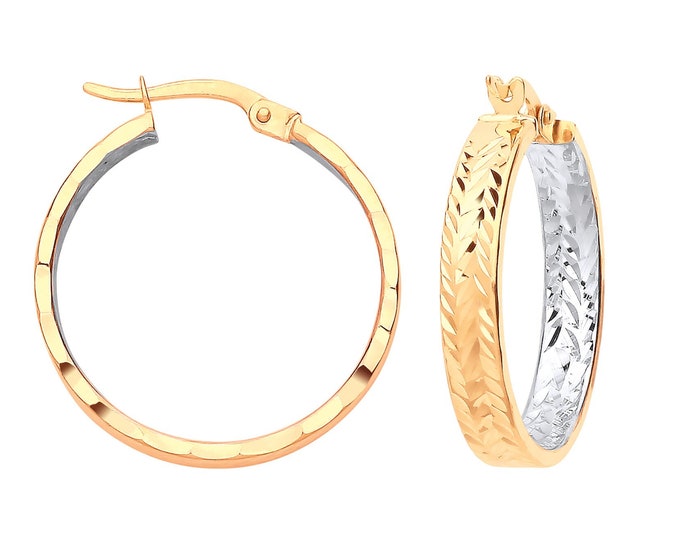 9ct 2 Colour Yellow & White Gold 24mm Tyre Tread Pattern Hoop Earrings - Real 9K Gold