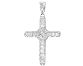 Large 925 Sterling Silver Baguette Cut Cz 6.5cm Crossover Cross Pendant Hallmarked