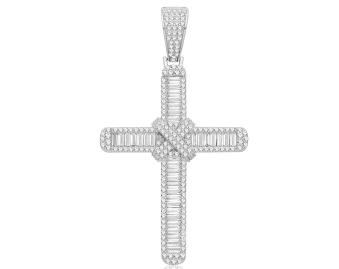 Large 925 Sterling Silver Baguette Cut Cz 6.5cm Crossover Cross Pendant Hallmarked