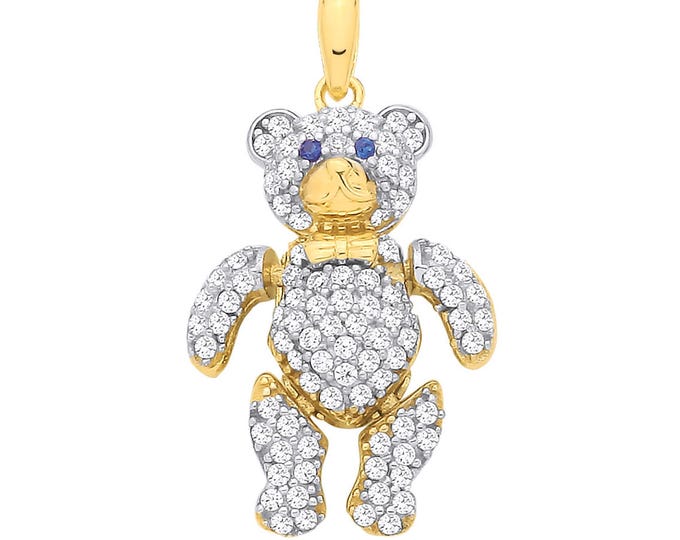 9ct Yellow Gold 3D Hollow Moveable 2cm Teddy Bear Cz Charm Pendant - Solid 9K Gold