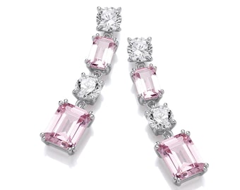 Pink Emerald Cut Cz 2.8cm Drop Earrings Rhodium Plated 925 Sterling Silver