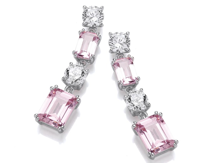 Pink Emerald Cut Cz 2.8cm Drop Earrings Rhodium Plated 925 Sterling Silver