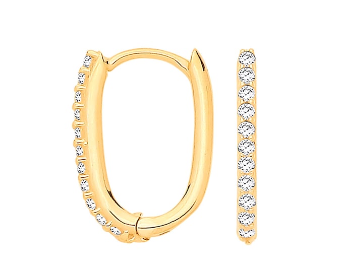 Modern 9ct Yellow Gold 14x10mm Hinged Pave Cz Rectangular Huggies Hoop Earrings - Solid 9K Gold
