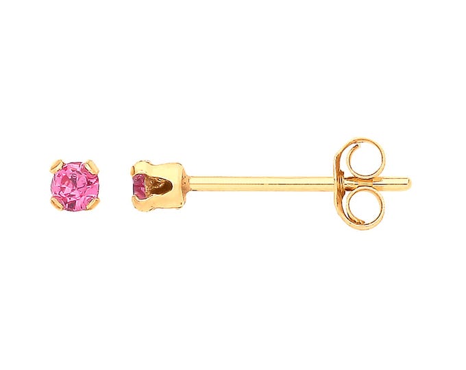 Pair of 9ct Yellow Gold 2mm Claw Set Pink Crystal Stud Earrings - Real 9K Gold
