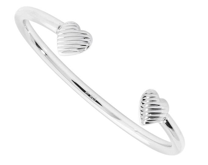 Child's 925 Sterling Silver Double Ribbed Heart Babies Torque Bangle