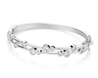 Ladies Bezel Set Clear Cz Hinged Bangle Rhodium Plated 925 Sterling Silver