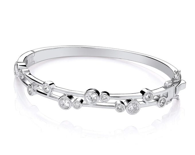 Ladies Bezel Set Clear Cz Hinged Bangle Rhodium Plated 925 Sterling Silver