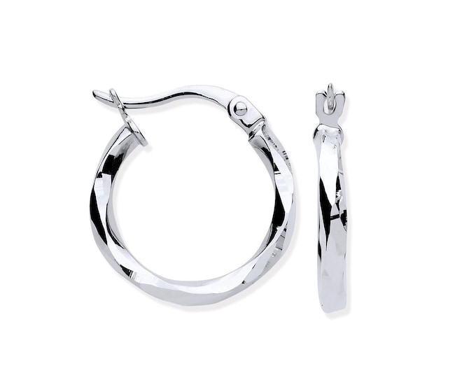 9ct White Gold 15mm Faceted Hollow Hoop Earrings - Real 9K Gold