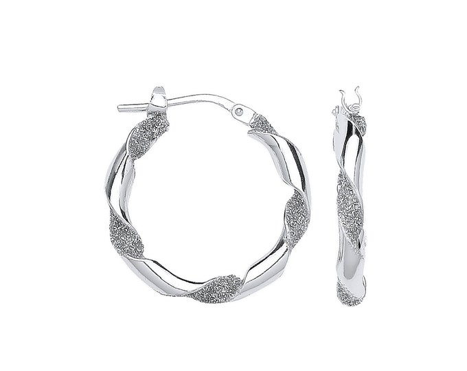 925 Sterling Silver 20mm Sparkly Stardust Twisted Hoop Earrings