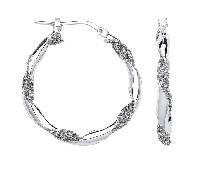 925 Sterling Silver 25mm Sparkly Stardust Twisted Hoop Earrings