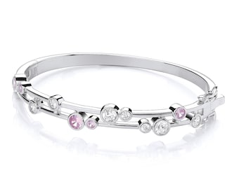 Ladies Bezel Set Pink & Clear Cz Hinged Bangle Rhodium Plated 925 Sterling Silver