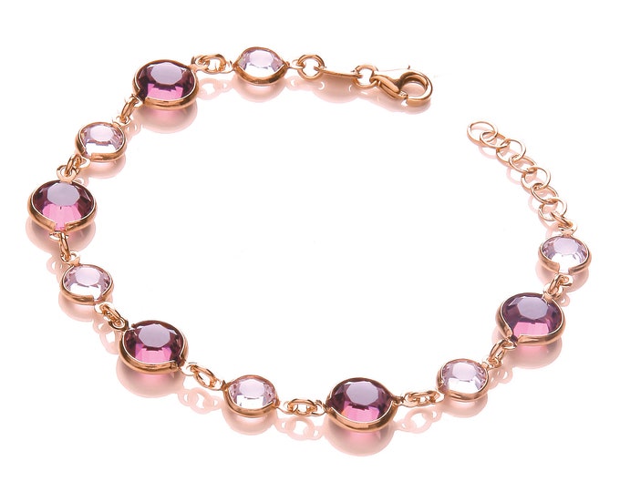 Rose Gold On 925 Sterling Silver 7.5" Bracelet Set With Pink & Purple Cz Stones