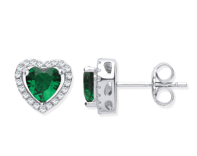 Sterling Silver 7mm Emerald Green Cz Halo Heart Stud Earrings