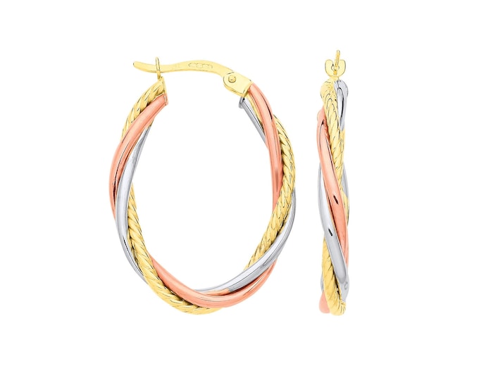 9ct Tri Colour Gold 30x21mm Twisted Oval Hoop Earrings Hallmarked - Real 9K Gold