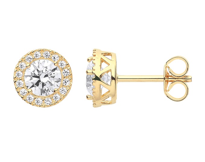 9ct Yellow Gold Brilliant Round Cut Cz Halo Cluster 8mm Stud Earrings- Real 9K Gold