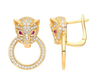 Panther Gold Plated 925 Sterling Silver Pave Cz Door Knocker Jaguar Stud Earrings