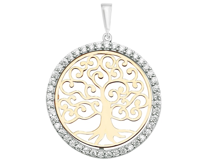 9K Yellow & White Gold Large 2.4cm Diameter Cz Border Cut Out Tree of Life Pendant