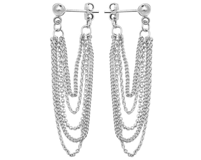 925 Sterling Silver 45mm Five Strand Beaded Curb & Rope Chain Drop Earrings