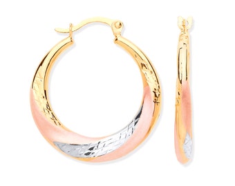 9ct Tri Colour Yellow White Rose Gold 15mm Twisted Creole Hoop Earrings - Real 9K Gold