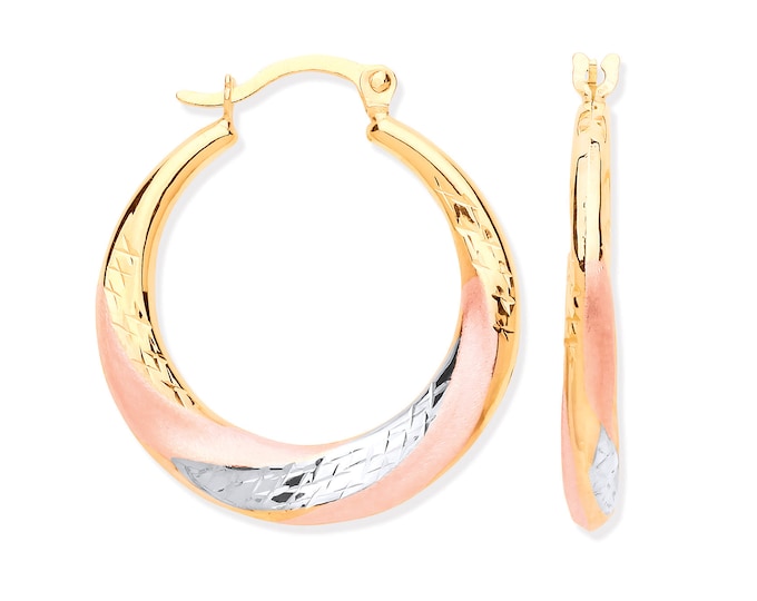 9ct Tri Colour Yellow White Rose Gold 15mm Twisted Creole Hoop Earrings - Real 9K Gold