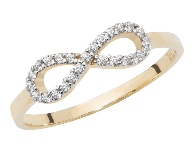 Ladies 9ct Yellow Gold Pave Cz Infinity Bow Ring Hallmarked 375 - Real 9K Gold