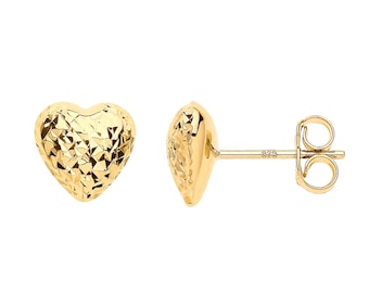 9ct Yellow Gold 3D Domed Heart Stud Earrings 8x8mm Diamond Cut Pattern - Real 9K Gold