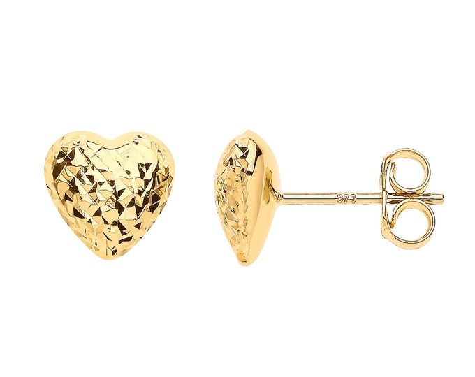 9ct Yellow Gold 3D Domed Heart Stud Earrings 8x8mm Diamond Cut Pattern - Real 9K Gold