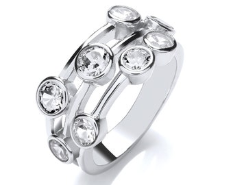 Contemporary 3 Row Bezel Rubover Set Round Cut Cz Ring 925 Sterling Silver