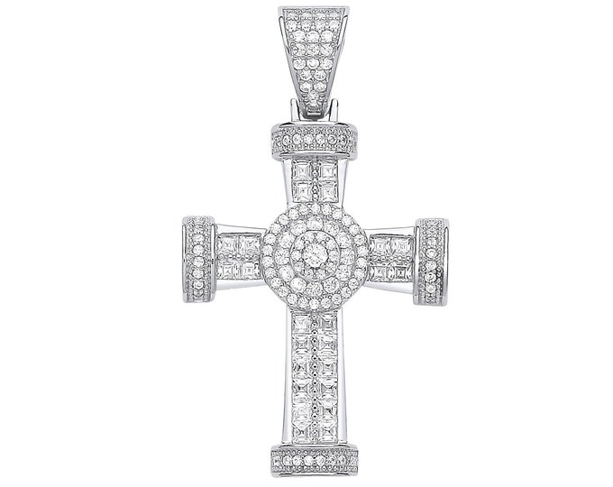 925 Sterling Silver Princess & Round Cut Cz 4.6cm Sunburst Cross Pendant