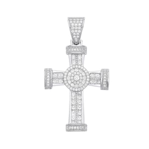 925 Sterling Silver Princess & Round Cut Cz 4.6cm Sunburst Cross Pendant