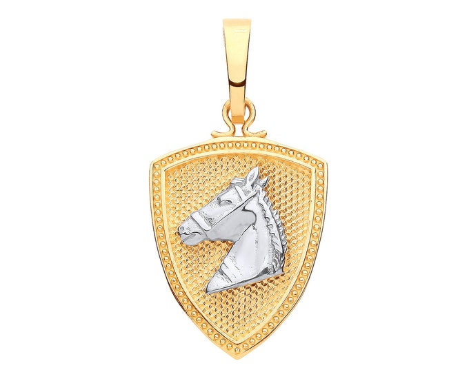 9ct 2 Colour Gold 3cm Horse Head & Shield Dog Tag Charm Pendant Hallmarked - Real 9K Gold