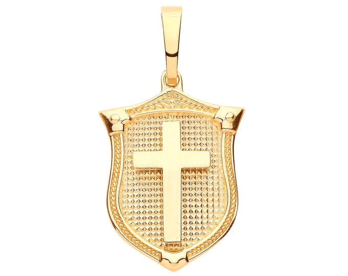 9ct Yellow Gold 3.2cm Medieval Shield With Cross Dog Tag Pendant Hallmarked - Real 9K Gold