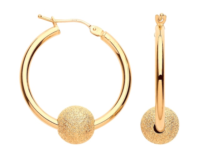 9ct Gold 20mm Hoop Earrings With Suspended Glitter Bead Ball - Real 9K Gold