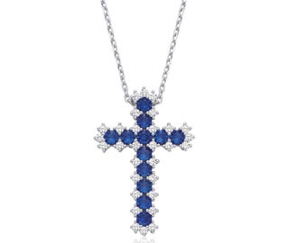 925 Sterling Silver Sapphire Blue Round Cz Fancy Cross 18" Necklace