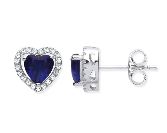 Sterling Silver 7mm Sapphire Blue Cz Halo Heart Stud Earrings