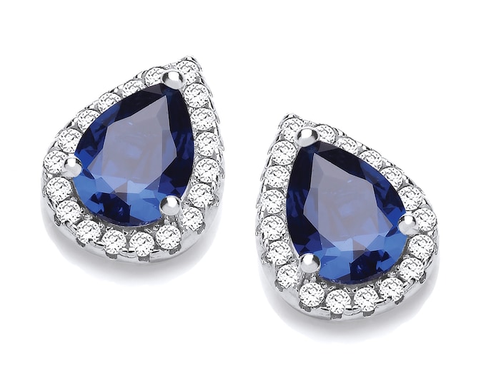 Rhodium Plated 925 Sterling Silver Blue Sapphire Cz Teardrop Cluster Stud Earrings