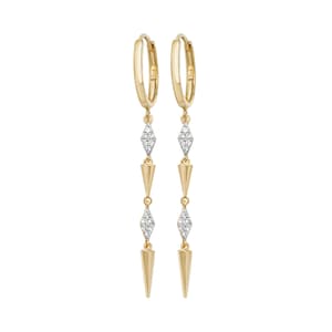 9ct Yellow Gold Hinged Hoop Geometric Diamond Art Deco 4cm Drop Earrings - Real 9K Gold