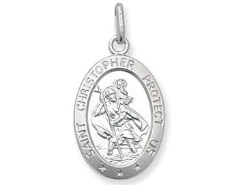 Saint Christopher Protect Us 20x15mm Oval Medallion Charm Pendant 925 Sterling Silver