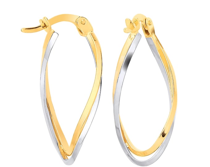 9ct 2 Colour Yellow & White Gold Twisted Oval Hoop Earrings 25x11mm - Solid 9K Gold