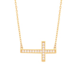 9ct Yellow Gold Pave Cz Sideways Cross Pendant on 17" Necklace Hallmarked