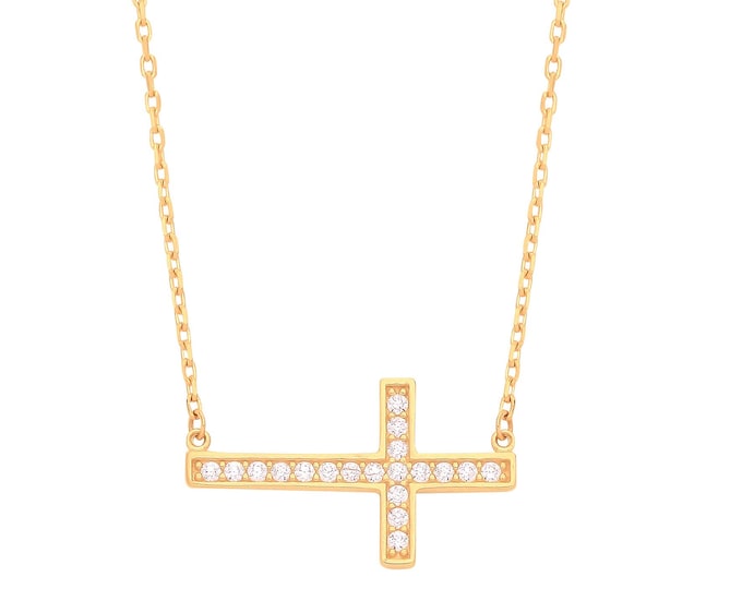 9ct Yellow Gold Pave Cz Sideways Cross Pendant on 17" Necklace Hallmarked