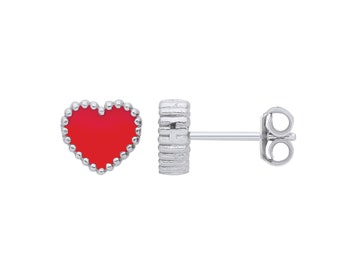 925 Sterling Silver 7mm Red Enamel Heart Stud Earrings